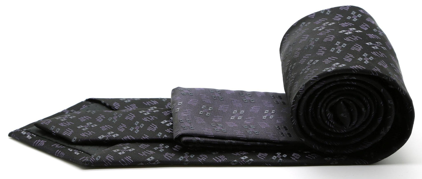 Mens Dads Classic Black Geometric Pattern Business Casual Necktie & Hanky Set QO-8 - Ferrecci USA