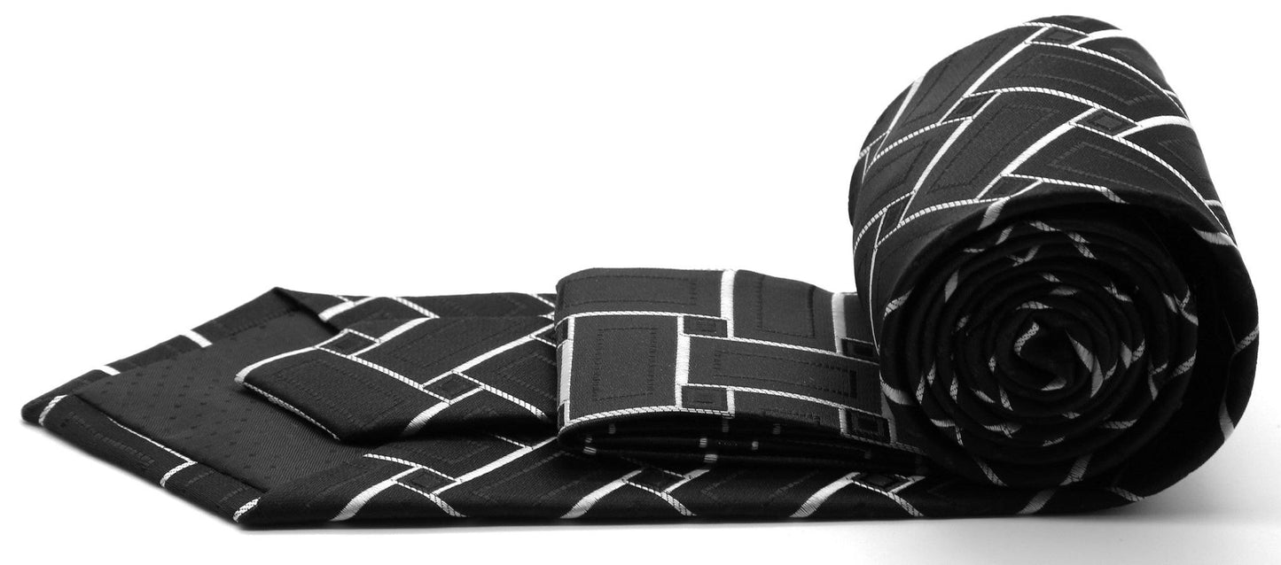 Mens Dads Classic Black Geometric Pattern Business Casual Necktie & Hanky Set Z-9 - Ferrecci USA
