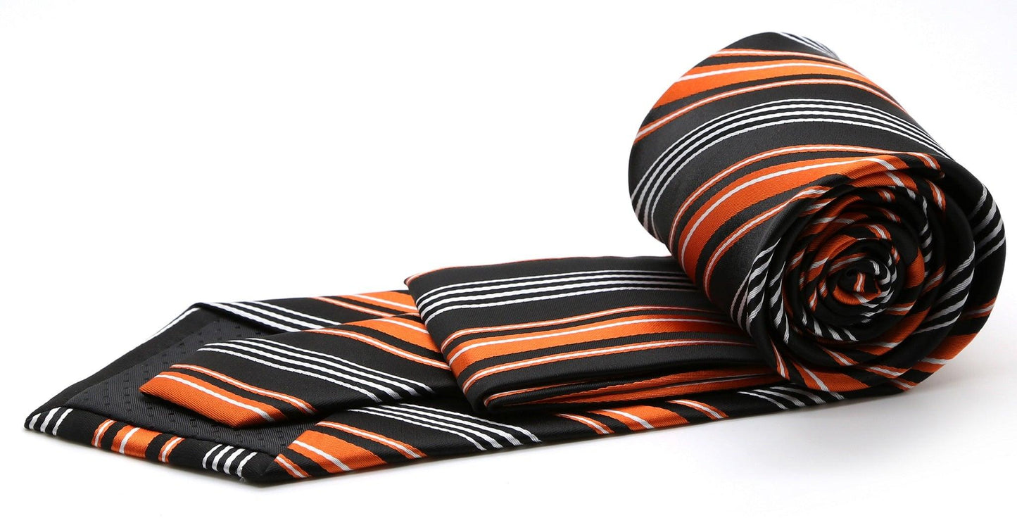 Mens Dads Classic Black Orange Striped Pattern Business Casual Necktie & Hanky Set D-4 - Ferrecci USA