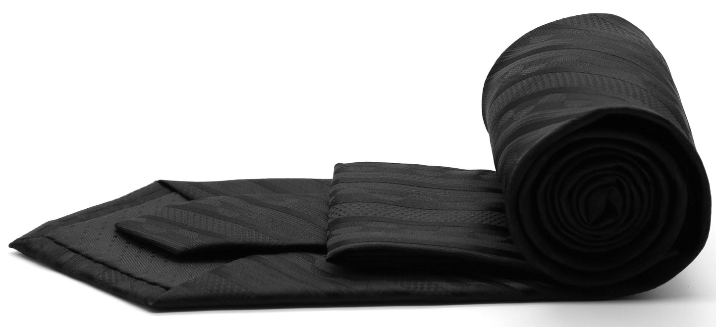 Mens Dads Classic Black Striped Pattern Business Casual Necktie & Hanky Set X-3 - Ferrecci USA