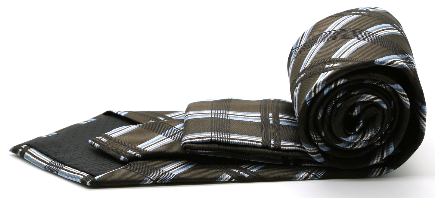 Mens Dads Classic Brown Stripe Pattern Business Casual Necktie & Hanky Set Z-2 - Ferrecci USA