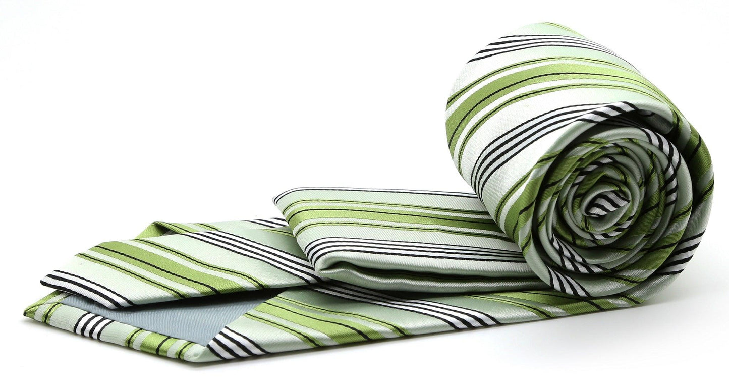 Mens Dads Classic Green Striped Pattern Business Casual Necktie & Hanky Set D-11 - Ferrecci USA