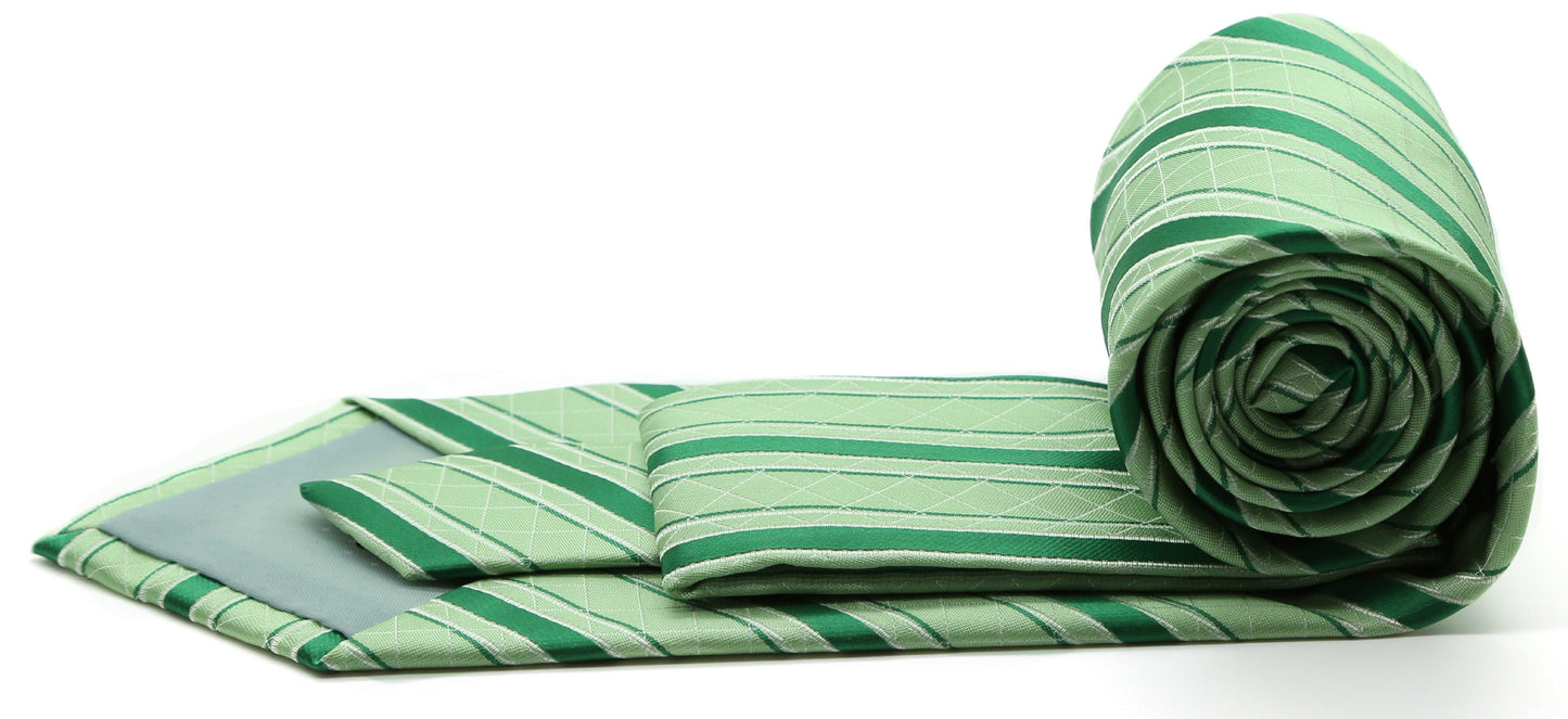 Mens Dads Classic Green Striped Pattern Business Casual Necktie & Hanky Set Q-2 - Ferrecci USA