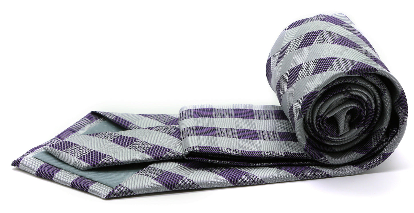 Mens Dads Classic Grey Stripe Pattern Business Casual Necktie & Hanky Set L-3 - Ferrecci USA