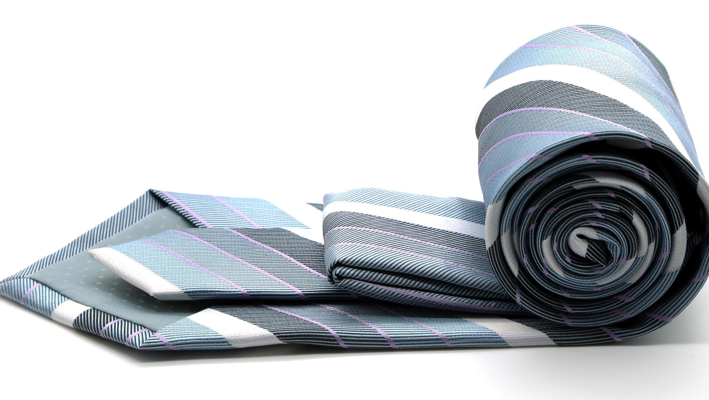 Mens Dads Classic Grey Striped Pattern Business Casual Necktie & Hanky Set EO-6 - Ferrecci USA