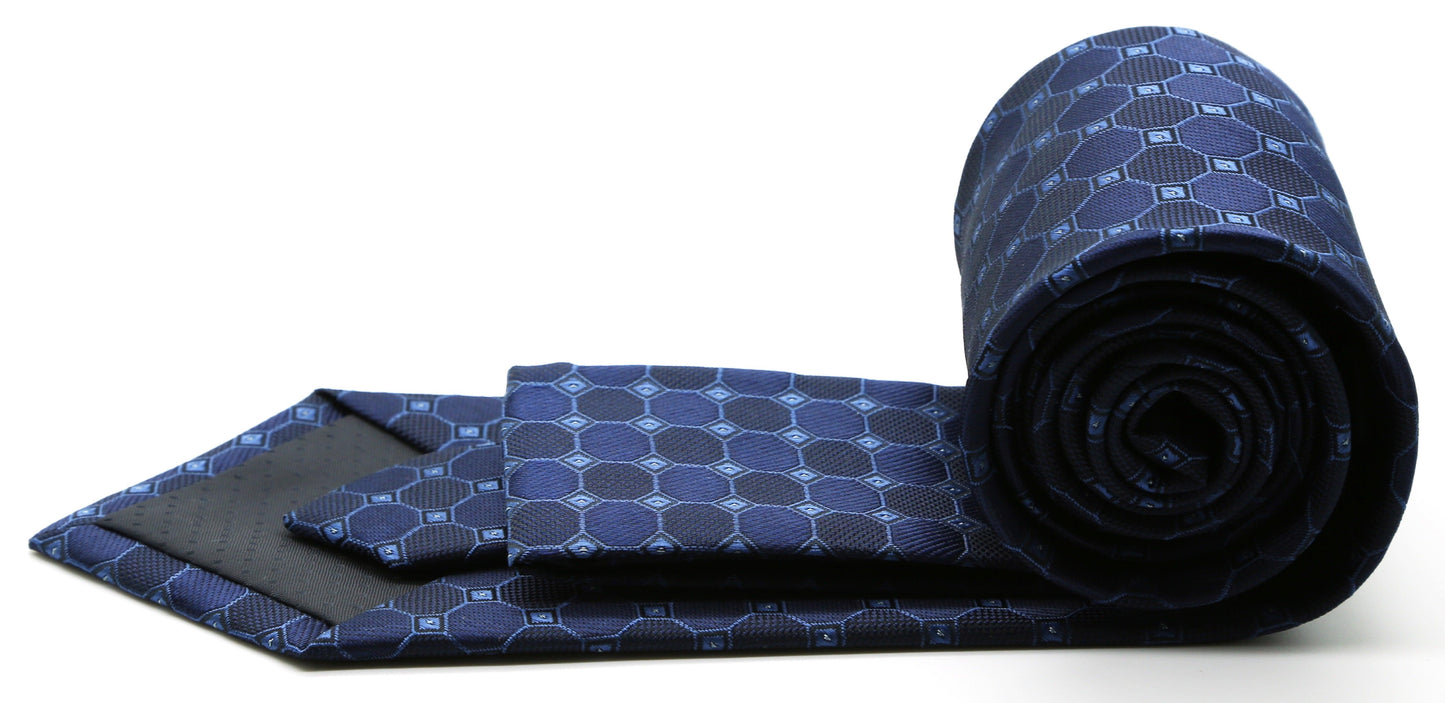 Mens Dads Classic Navy Geometric Pattern Business Casual Necktie & Hanky Set W-7 - Ferrecci USA