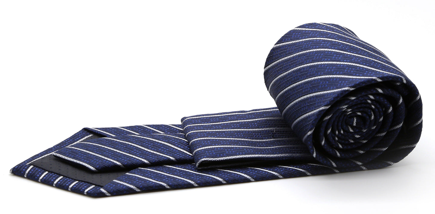 Mens Dads Classic Navy Striped Pattern Business Casual Necktie & Hanky Set C-2 - Ferrecci USA