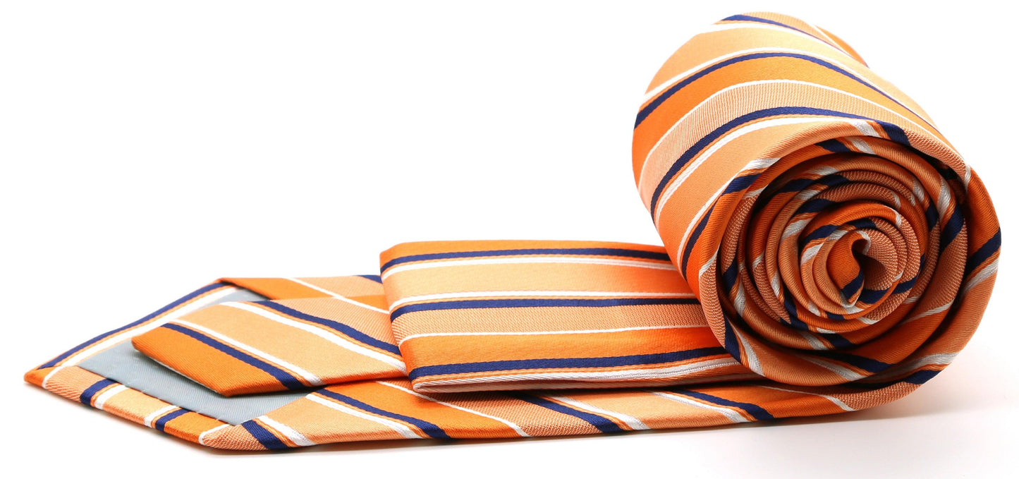 Mens Dads Classic Orange Striped Pattern Business Casual Necktie & Hanky Set U-4 - Ferrecci USA