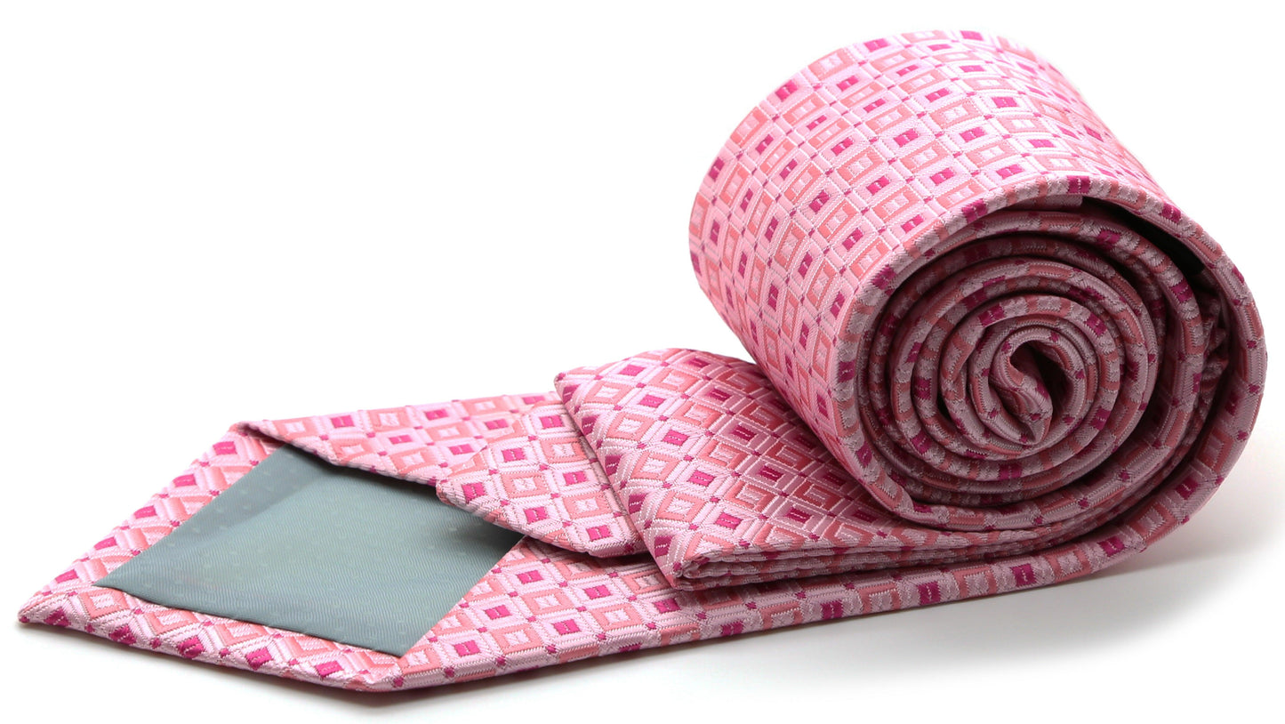 Mens Dads Classic Pink Geometric Pattern Business Casual Necktie & Hanky Set Y-5 - Ferrecci USA