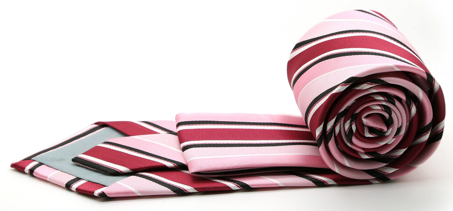 Mens Dads Classic Pink Striped Pattern Business Casual Necktie & Hanky Set U-3 - Ferrecci USA