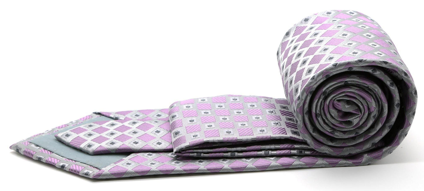 Mens Dads Classic Purple Geometric Pattern Business Casual Necktie & Hanky Set E-7 - Ferrecci USA