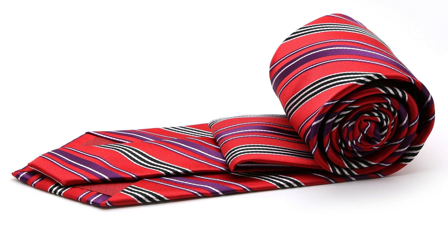 Mens Dads Classic Red Striped Pattern Business Casual Necktie & Hanky Set D-5 - Ferrecci USA
