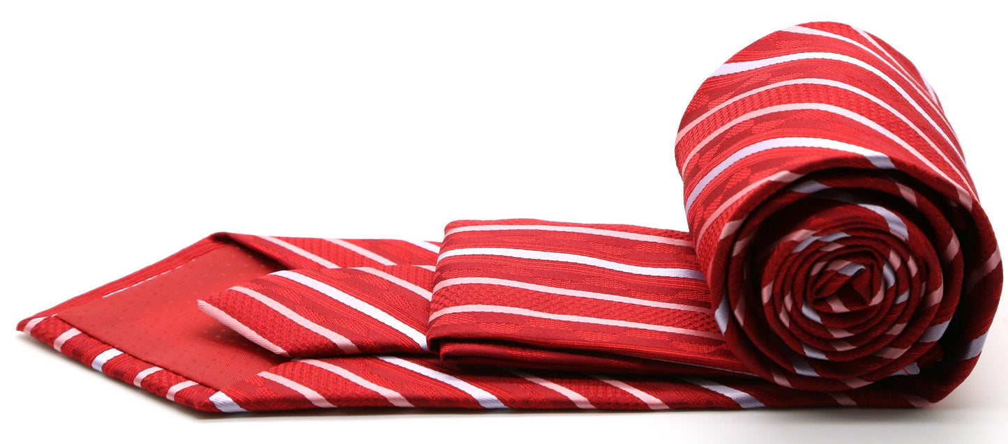 Mens Dads Classic Red Striped Pattern Business Casual Necktie & Hanky Set X-7 - Ferrecci USA