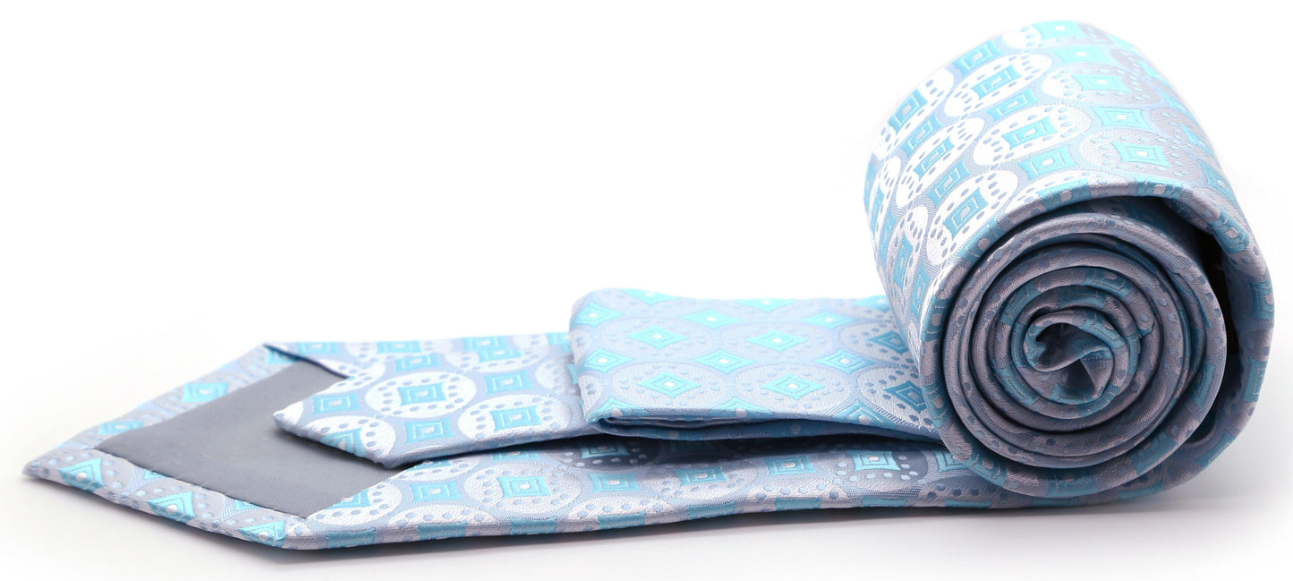 Mens Dads Classic Turquoise Geometric Pattern Business Casual Necktie & Hanky Set I-8 - Ferrecci USA