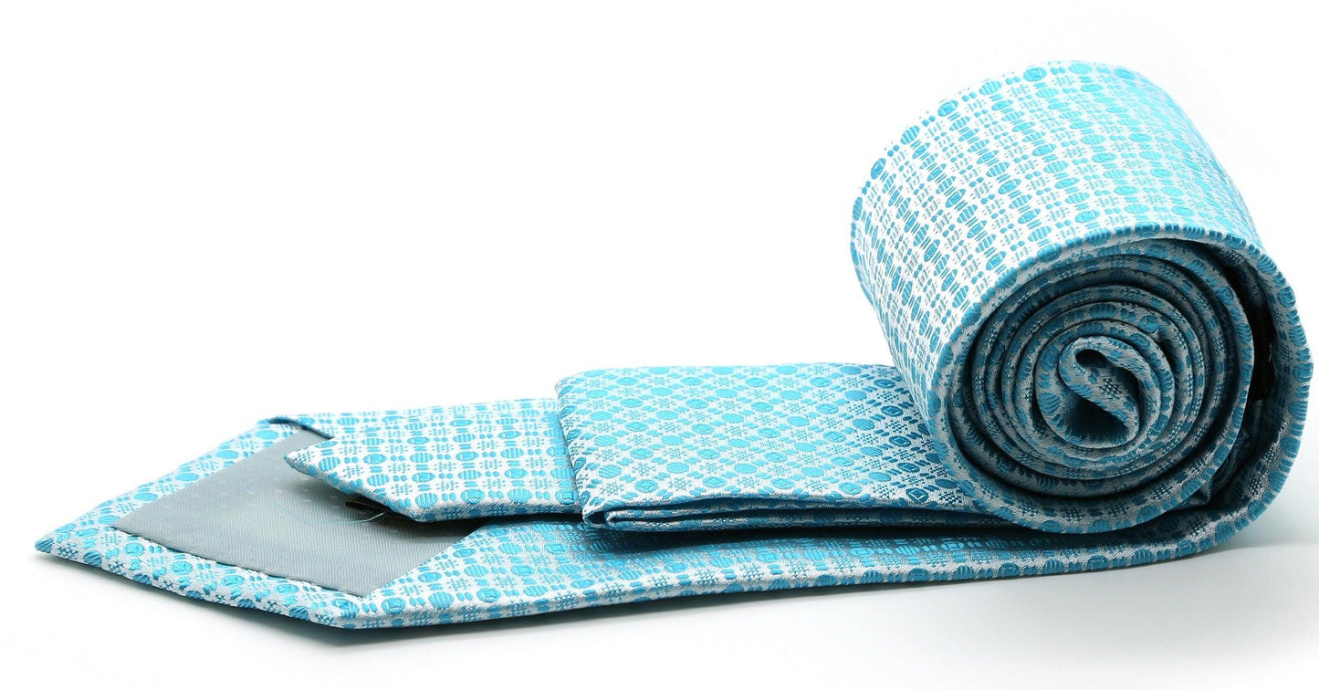 Mens Dads Classic Turquoise Geometric Pattern Business Casual Necktie & Hanky Set R-3 - Ferrecci USA