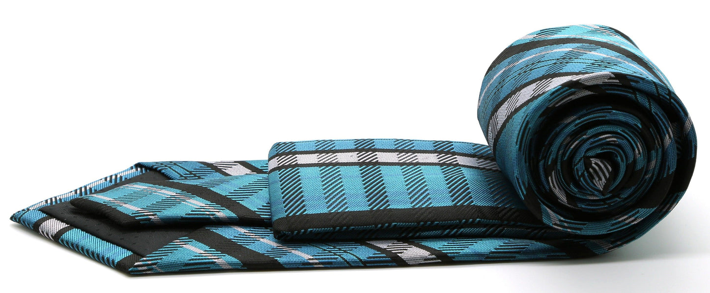 Mens Dads Classic Turquoise Striped Pattern Business Casual Necktie & Hanky Set VO-5 - Ferrecci USA