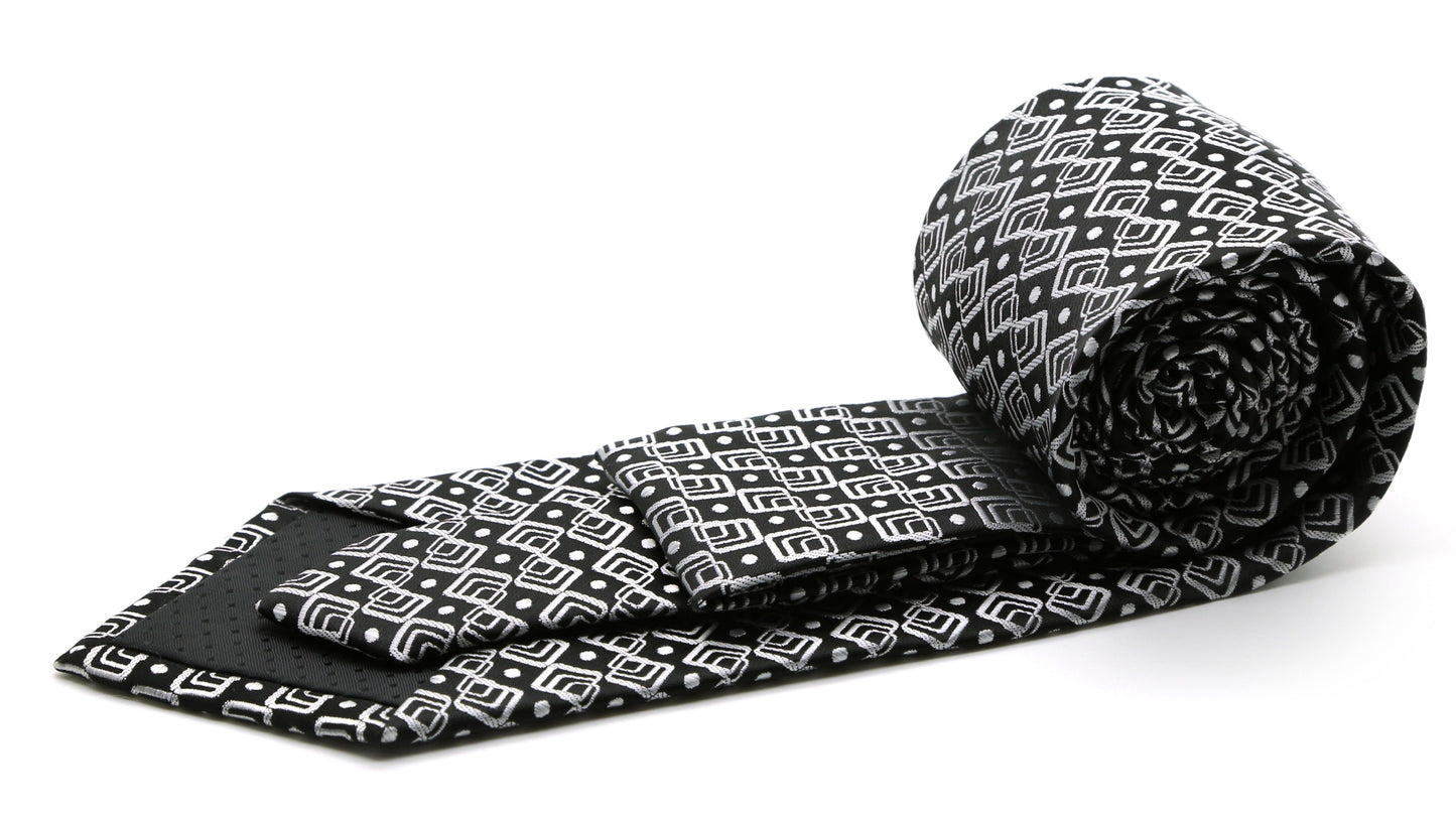 Mens Dads Classic Black Geometric Pattern Business Casual Necktie & Hanky Set G-1 - Ferrecci USA 