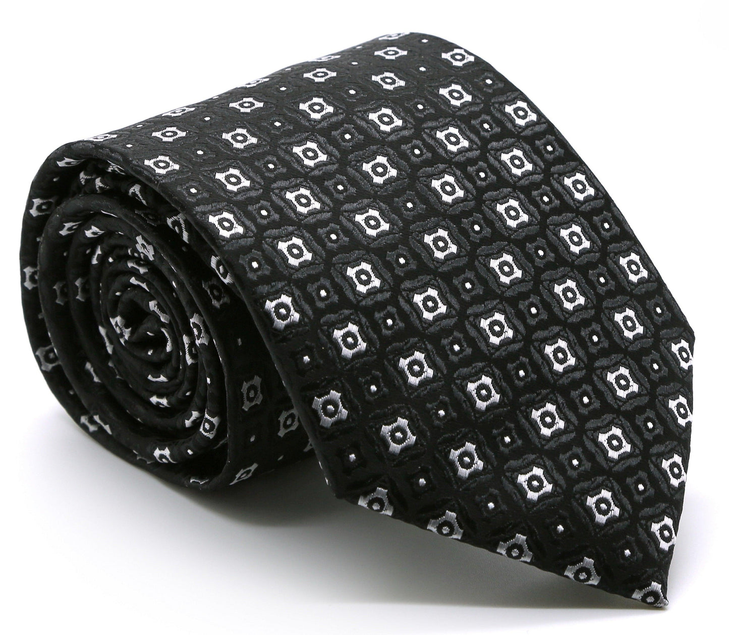 Mens Dads Classic Black Geometric Pattern Business Casual Necktie & Hanky Set N-4 - Ferrecci USA 