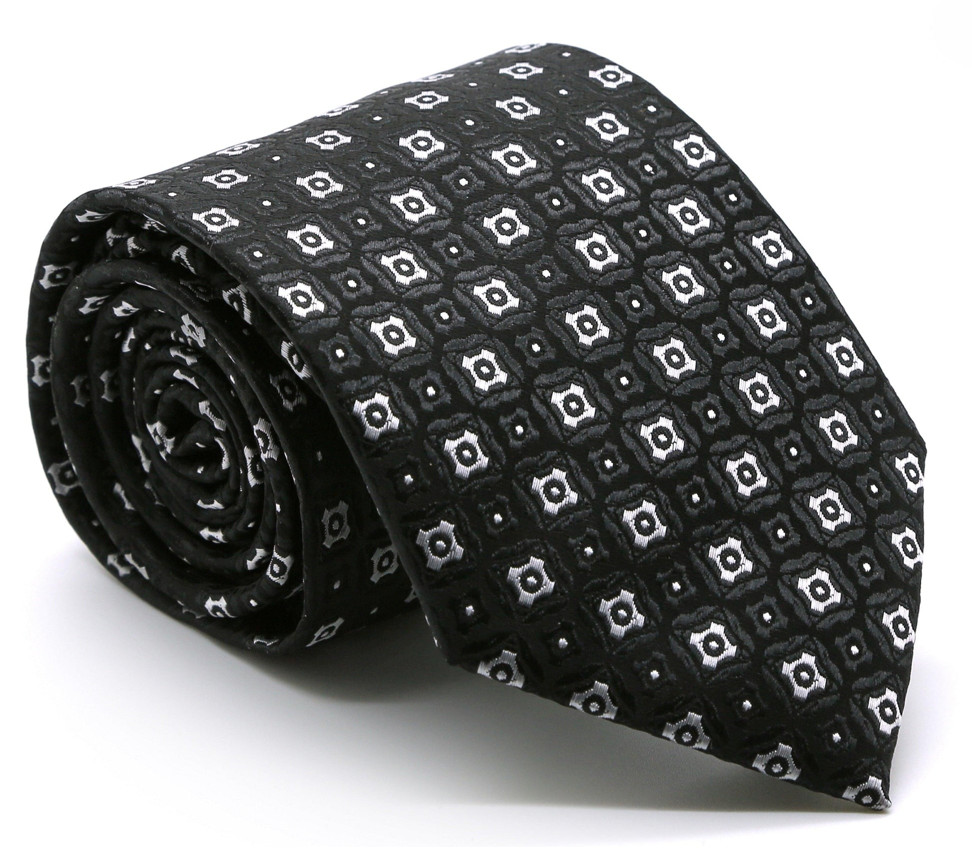 Mens Dads Classic Black Geometric Pattern Business Casual Necktie & Hanky Set N-4 - Ferrecci USA 