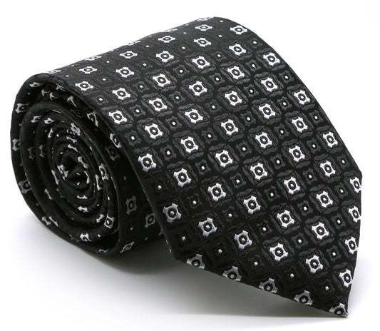 Mens Dads Classic Black Geometric Pattern Business Casual Necktie & Hanky Set N-4 - Ferrecci USA 