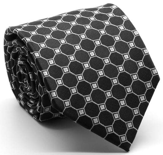 Mens Dads Classic Black Geometric Pattern Business Casual Necktie & Hanky Set W-1 - Ferrecci USA 