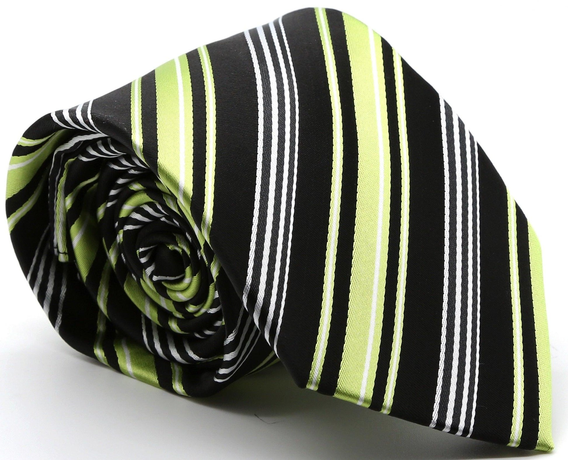 Mens Dads Classic Black Green Striped Pattern Business Casual Necktie & Hanky Set D-2 - Ferrecci USA 