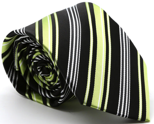 Mens Dads Classic Black Green Striped Pattern Business Casual Necktie & Hanky Set D-2 - Ferrecci USA 