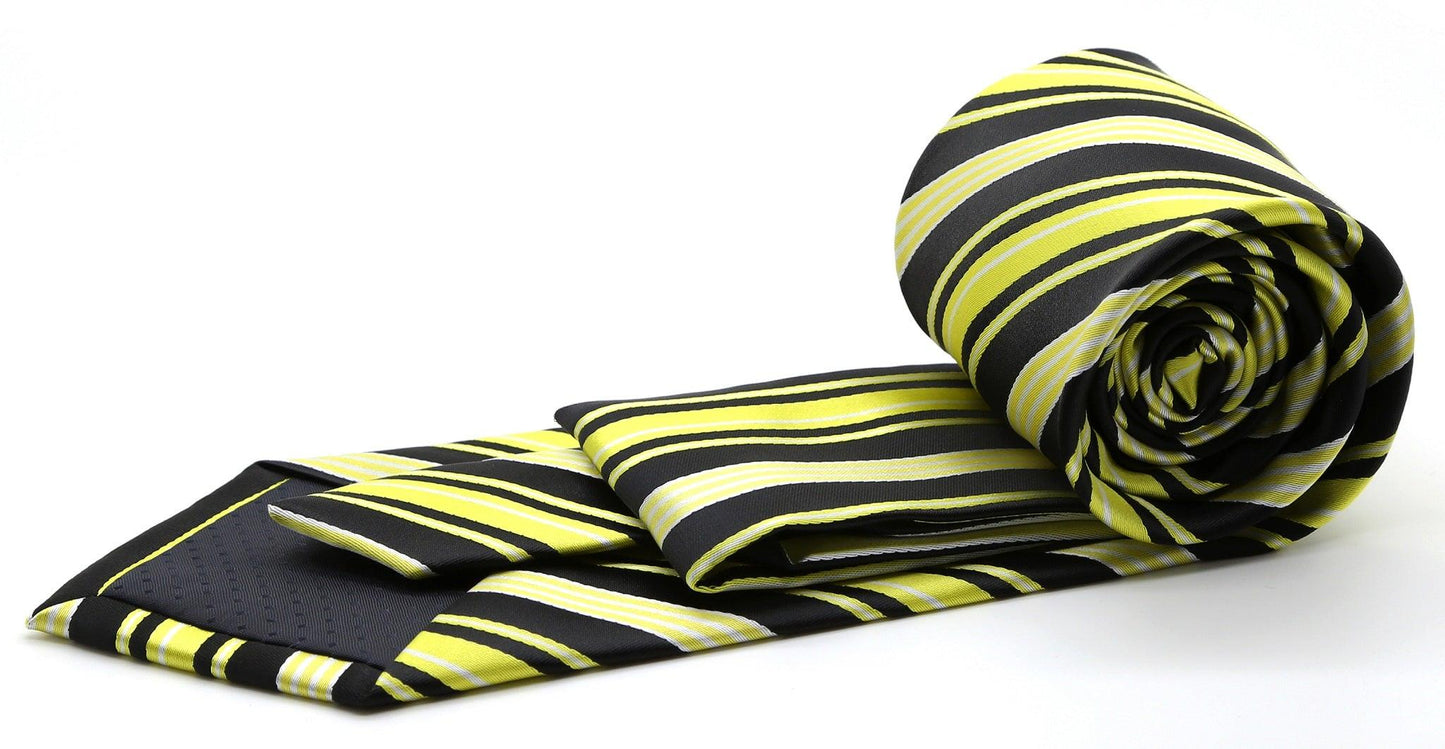 Mens Dads Classic Black Striped Pattern Business Casual Necktie & Hanky Set D-3 - Ferrecci USA 