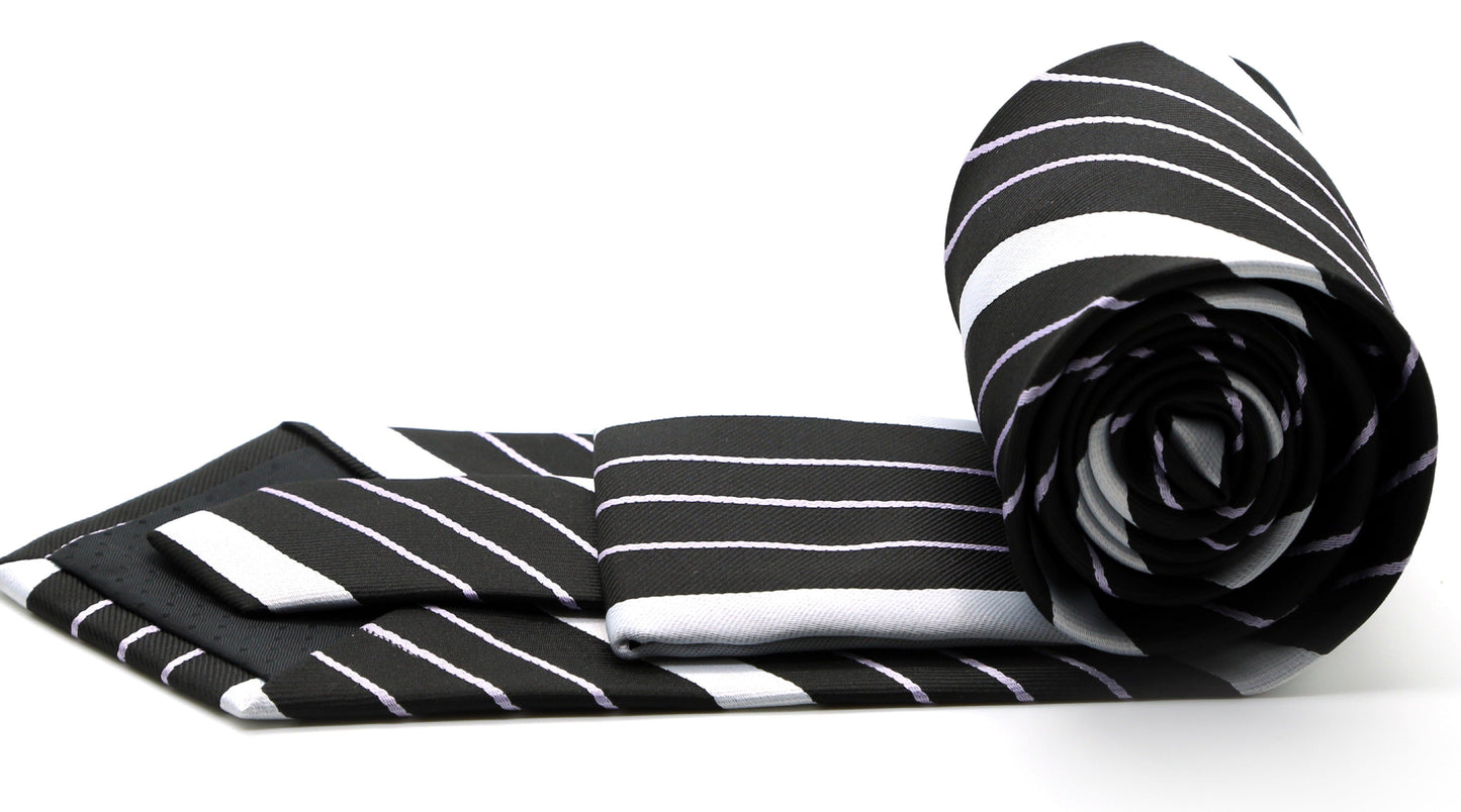 Mens Dads Classic Black Striped Pattern Business Casual Necktie & Hanky Set EO - Ferrecci USA 