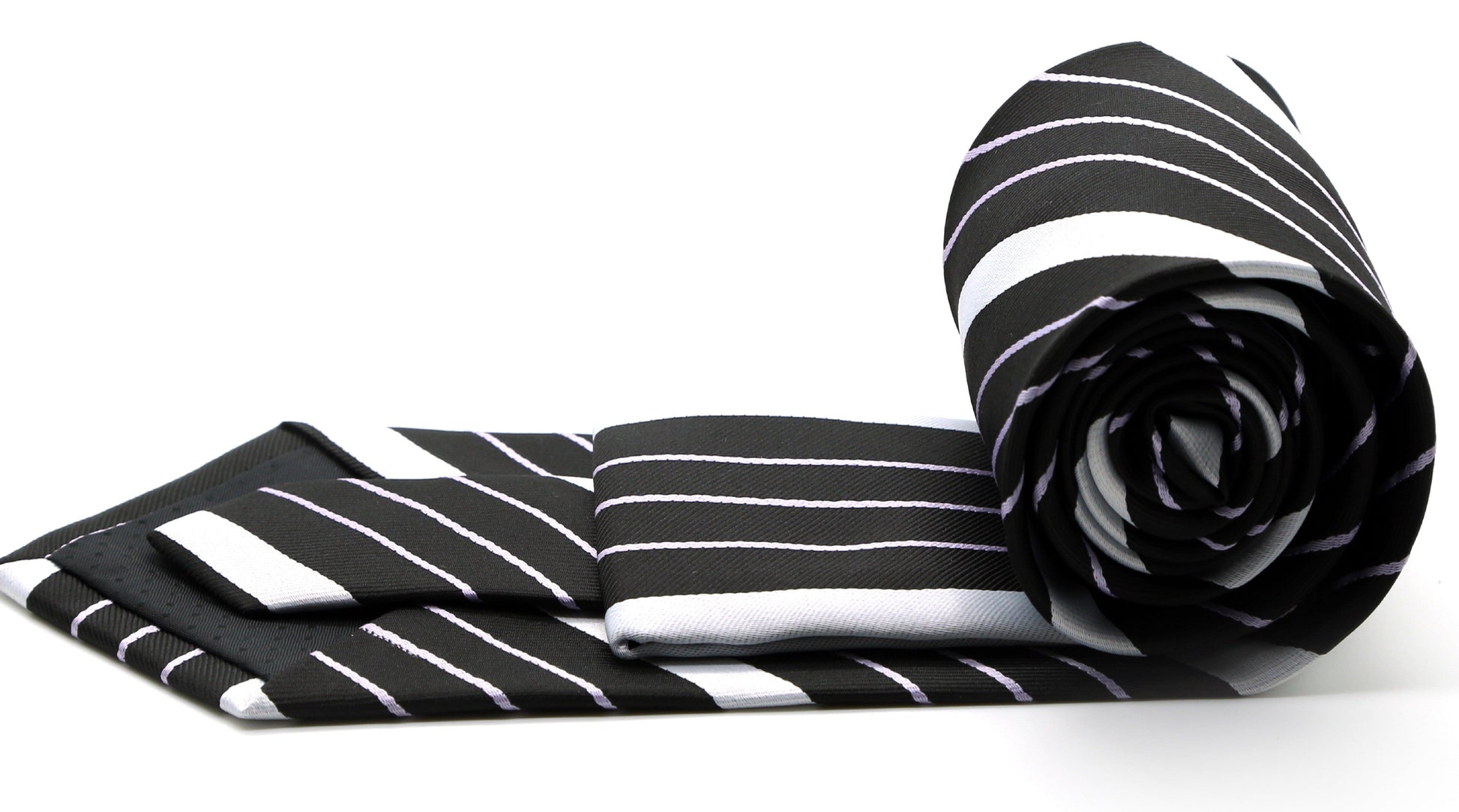 Mens Dads Classic Black Striped Pattern Business Casual Necktie & Hanky Set EO - Ferrecci USA 