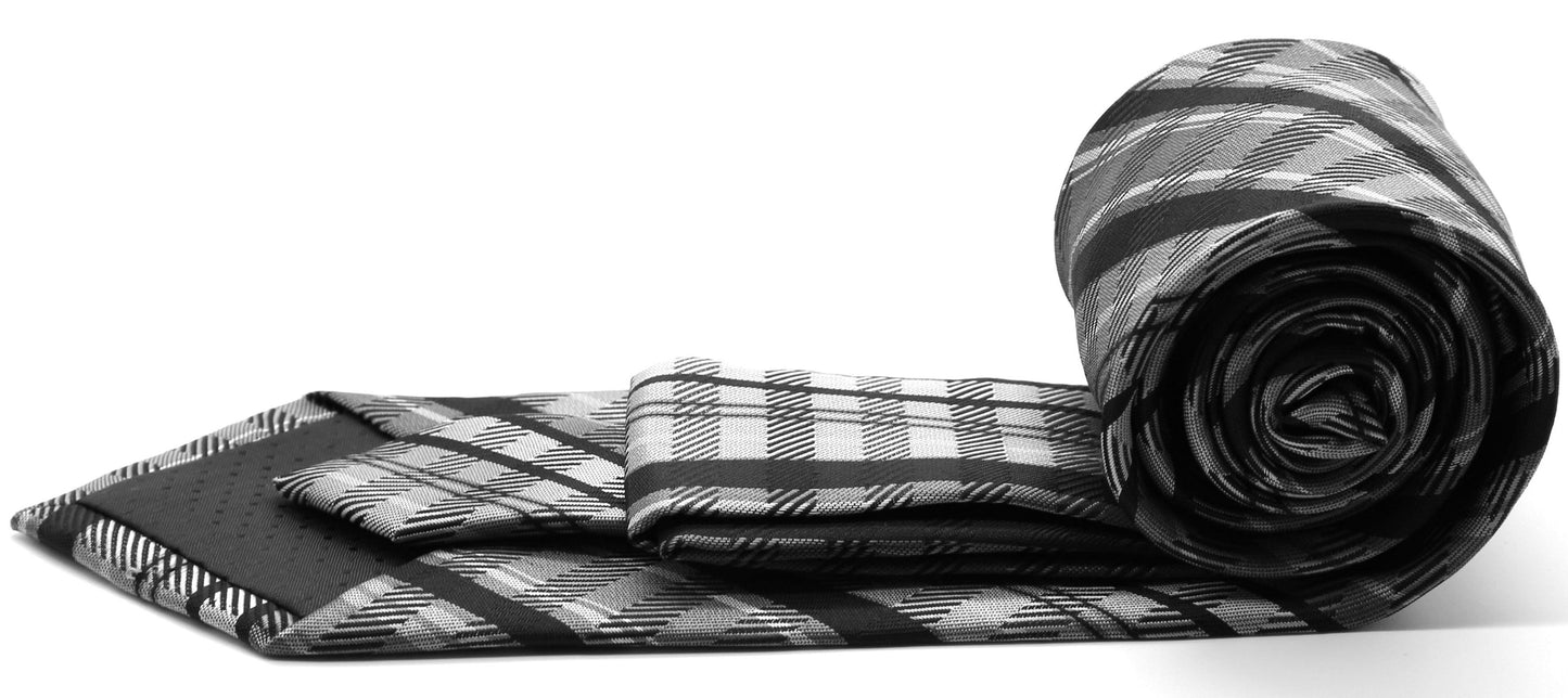 Mens Dads Classic Black Striped Pattern Business Casual Necktie & Hanky Set VO - Ferrecci USA 