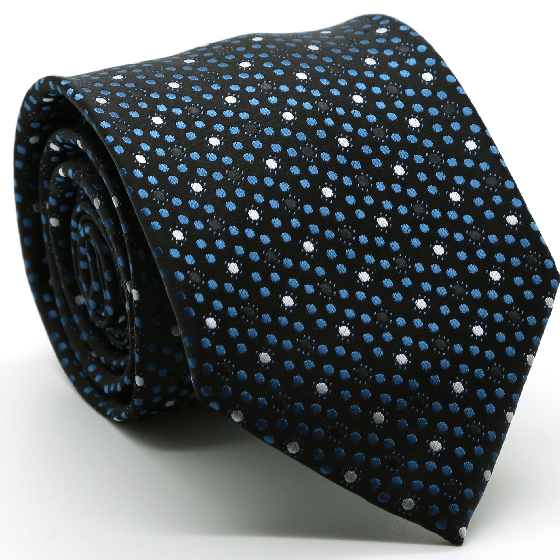 Mens Dads Classic Black/Blue Dot Pattern Business Casual Necktie & Hanky Set M-12 - Ferrecci USA 