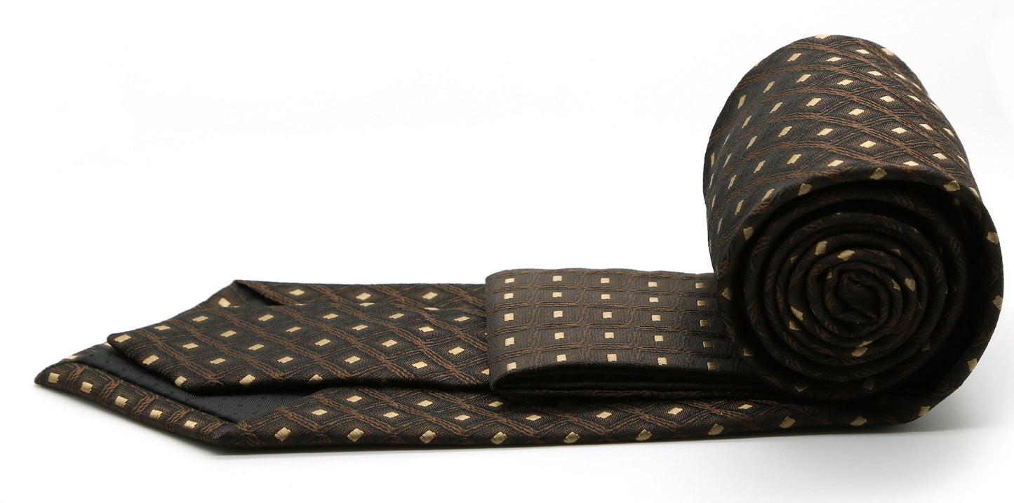 Mens Dads Classic Brown Geometric Pattern Business Casual Necktie & Hanky Set KO-9 - Ferrecci USA 