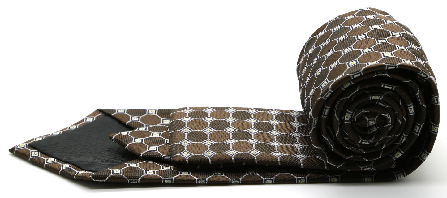 Mens Dads Classic Brown Geometric Pattern Business Casual Necktie & Hanky Set W-5 - Ferrecci USA 
