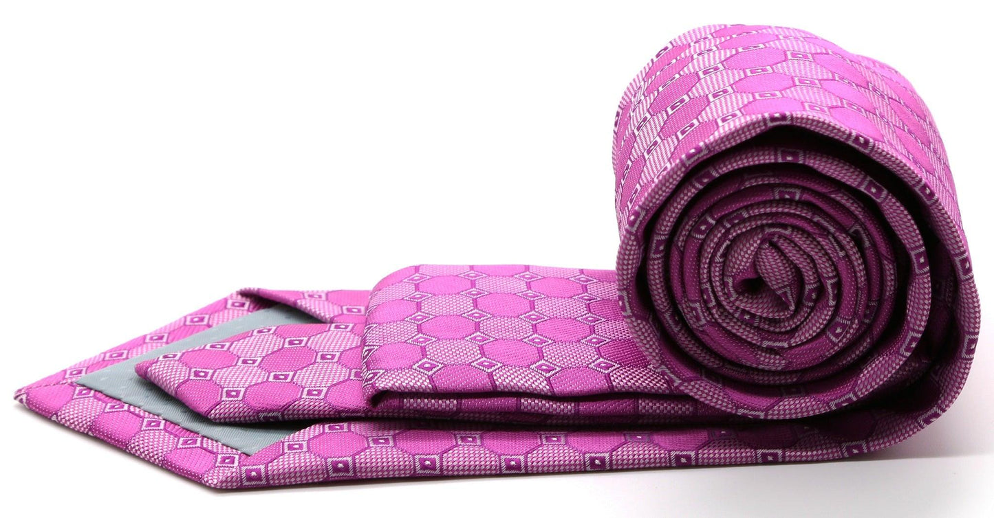 Mens Dads Classic Fuchasia Geometric Pattern Business Casual Necktie & Hanky Set W-2 - Ferrecci USA 
