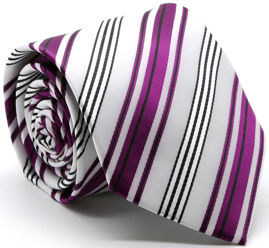Mens Dads Classic Fuchsia Striped Pattern Business Casual Necktie & Hanky Set D-10 - Ferrecci USA 