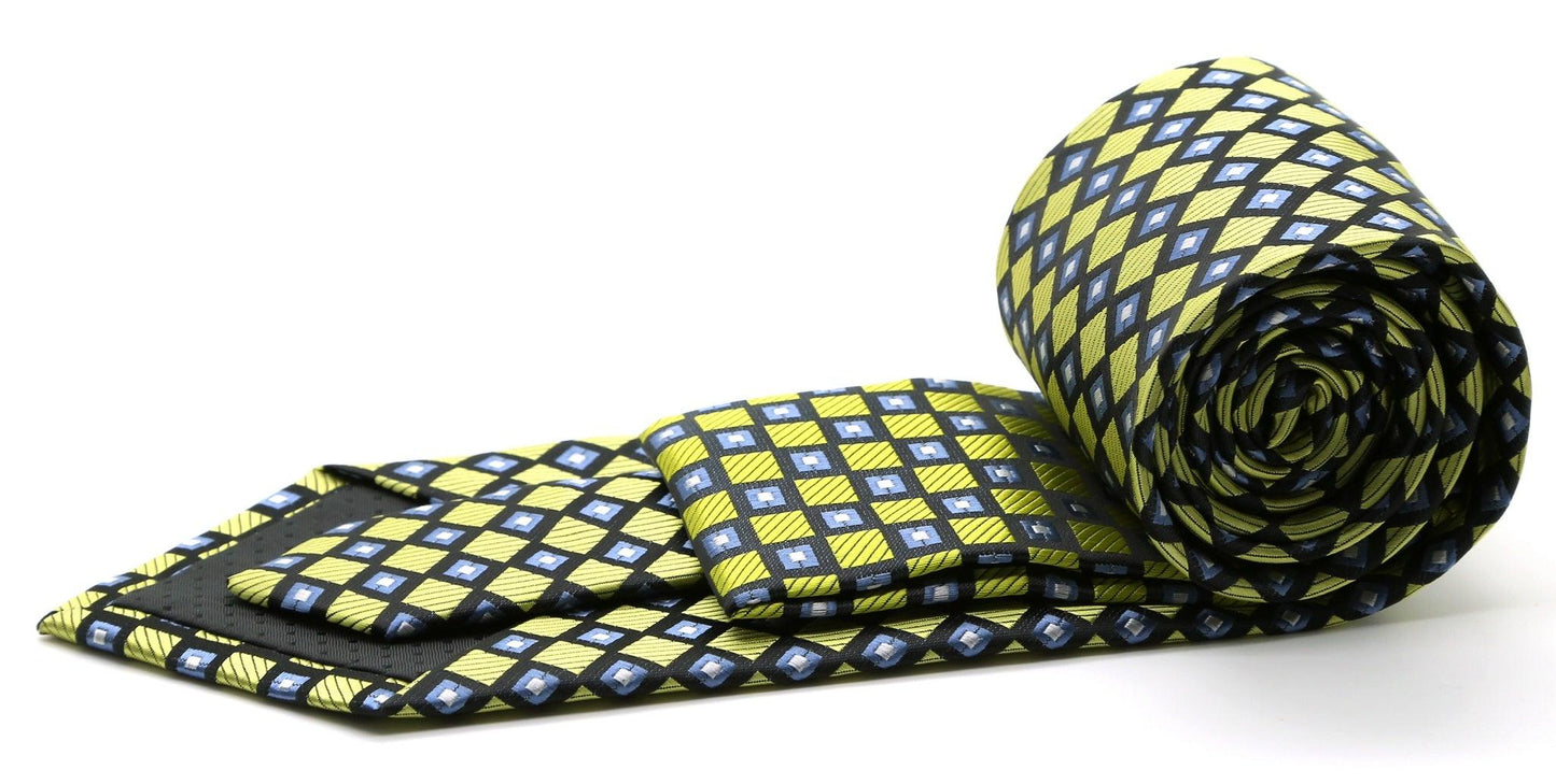 Mens Dads Classic Green Geometric Pattern Business Casual Necktie & Hanky Set E-9 - Ferrecci USA 