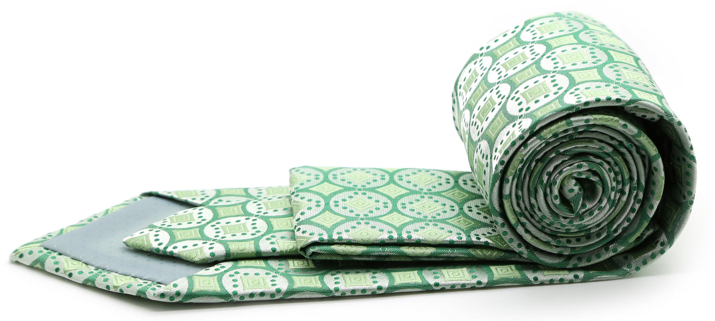 Mens Dads Classic Green Geometric Pattern Business Casual Necktie & Hanky Set I-6 - Ferrecci USA 