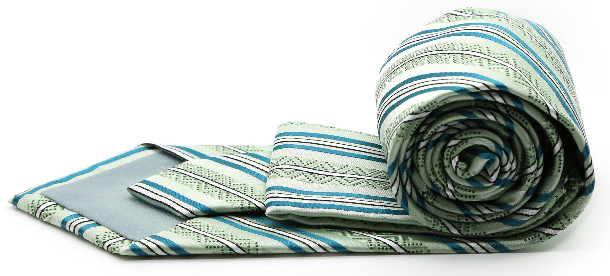 Mens Dads Classic Green Striped Pattern Business Casual Necktie & Hanky Set H-10 - Ferrecci USA 