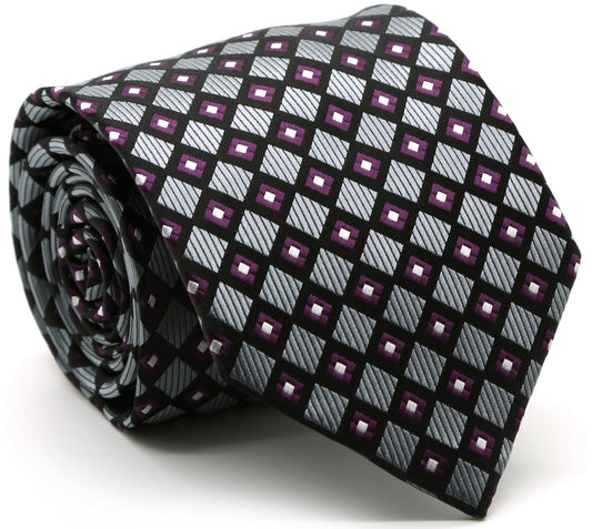 Mens Dads Classic Grey Geometric Pattern Business Casual Necktie & Hanky Set E-6 - Ferrecci USA 