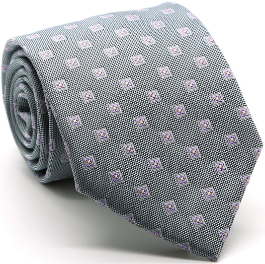Mens Dads Classic Grey Geometric Pattern Business Casual Necktie & Hanky Set KO-5 - Ferrecci USA 