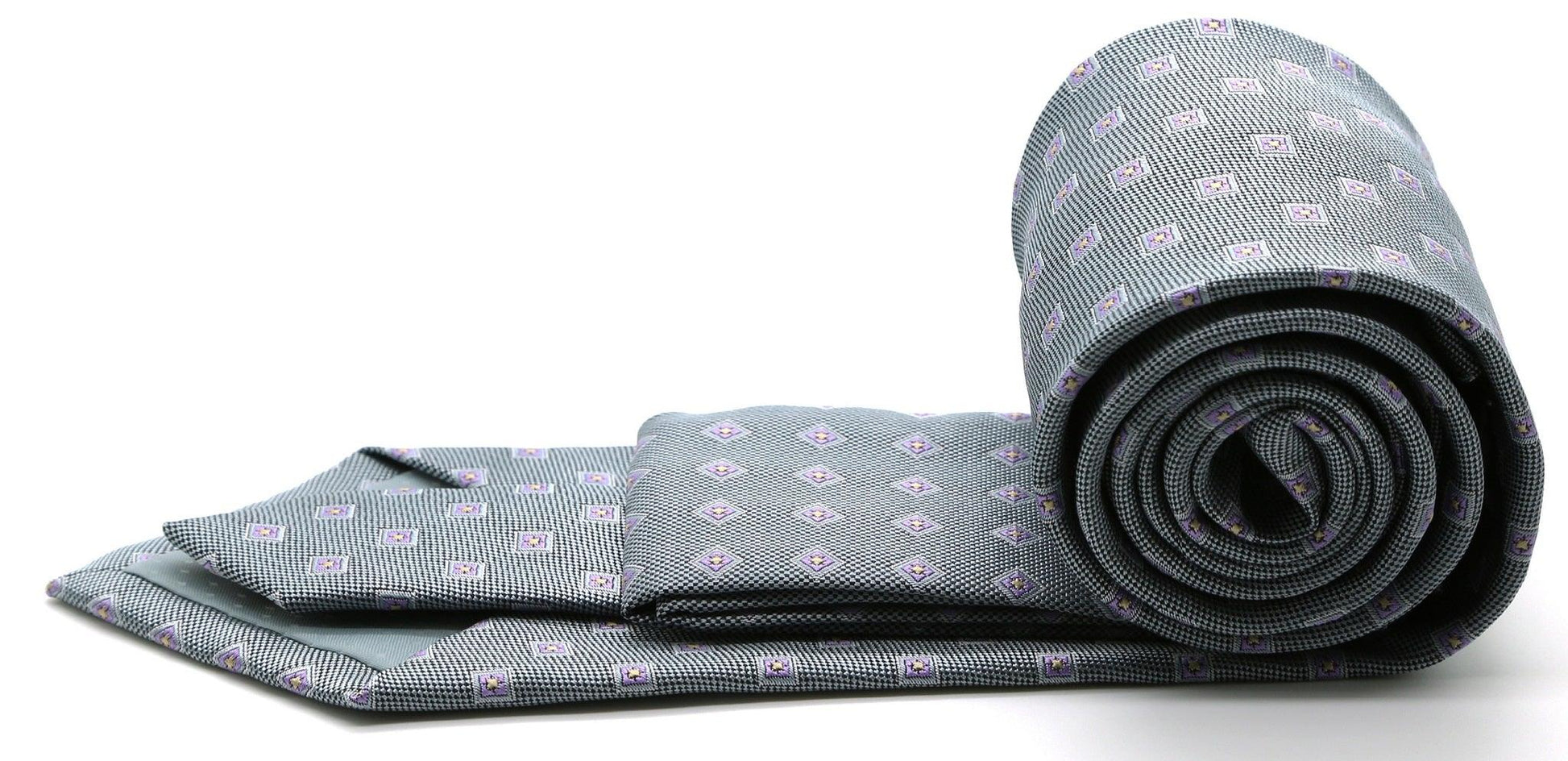 Mens Dads Classic Grey Geometric Pattern Business Casual Necktie & Hanky Set KO-5 - Ferrecci USA 