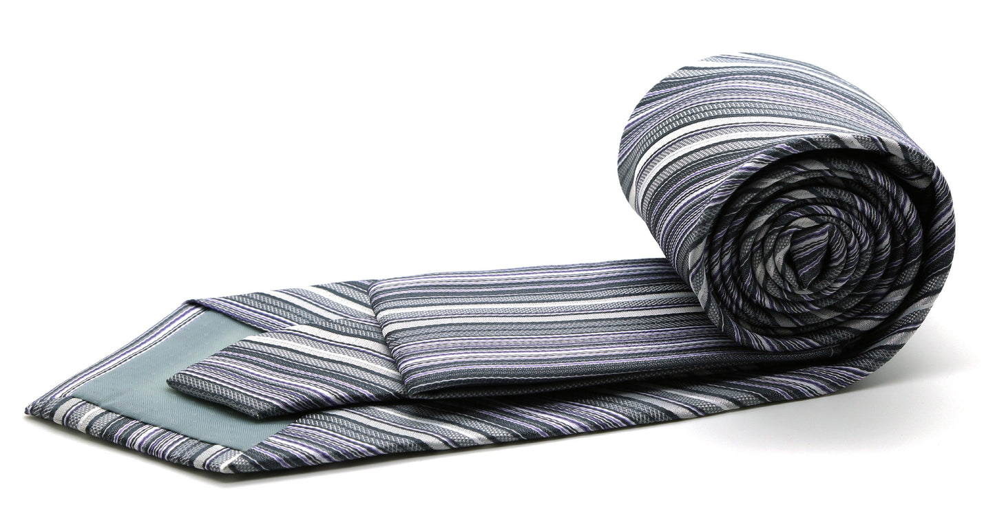 Mens Dads Classic Grey Striped Pattern Business Casual Necktie & Hanky Set S-1 - Ferrecci USA 