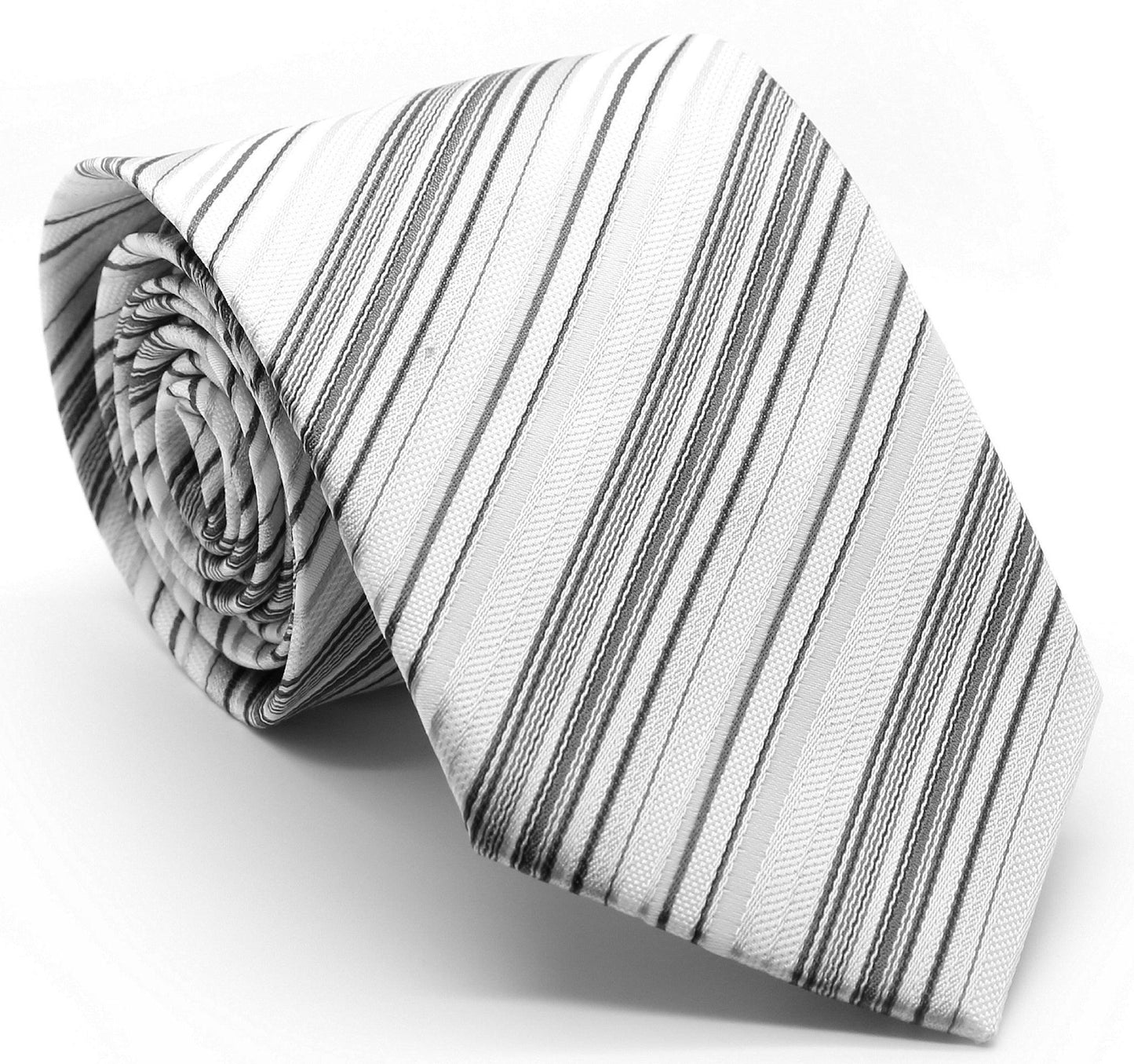 Mens Dads Classic Grey Striped Pattern Business Casual Necktie & Hanky Set S-1 - Ferrecci USA 