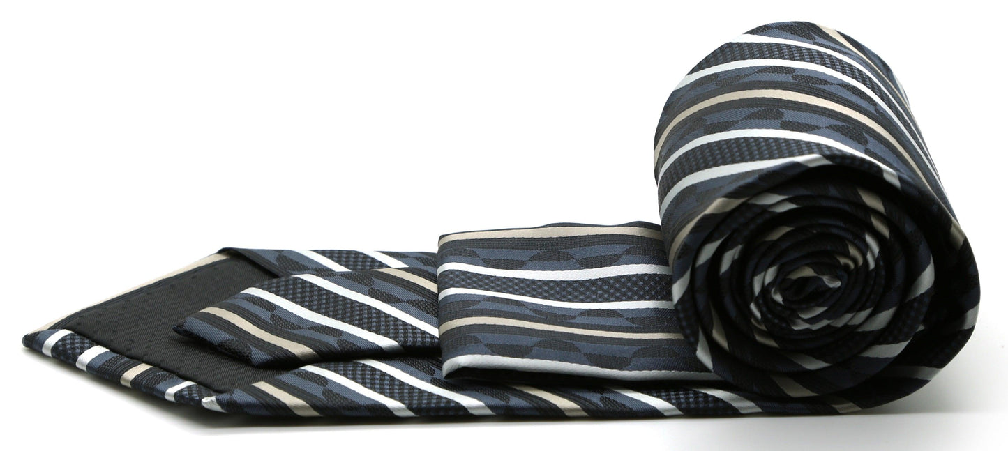 Mens Dads Classic Grey Striped Pattern Business Casual Necktie & Hanky Set X-8 - Ferrecci USA 