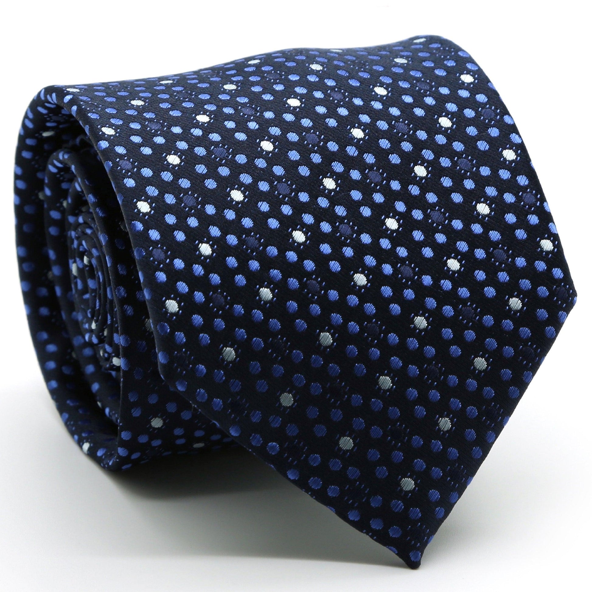 Mens Dads Classic Navy Dot Pattern Business Casual Necktie & Hanky Set M-8 - Ferrecci USA 
