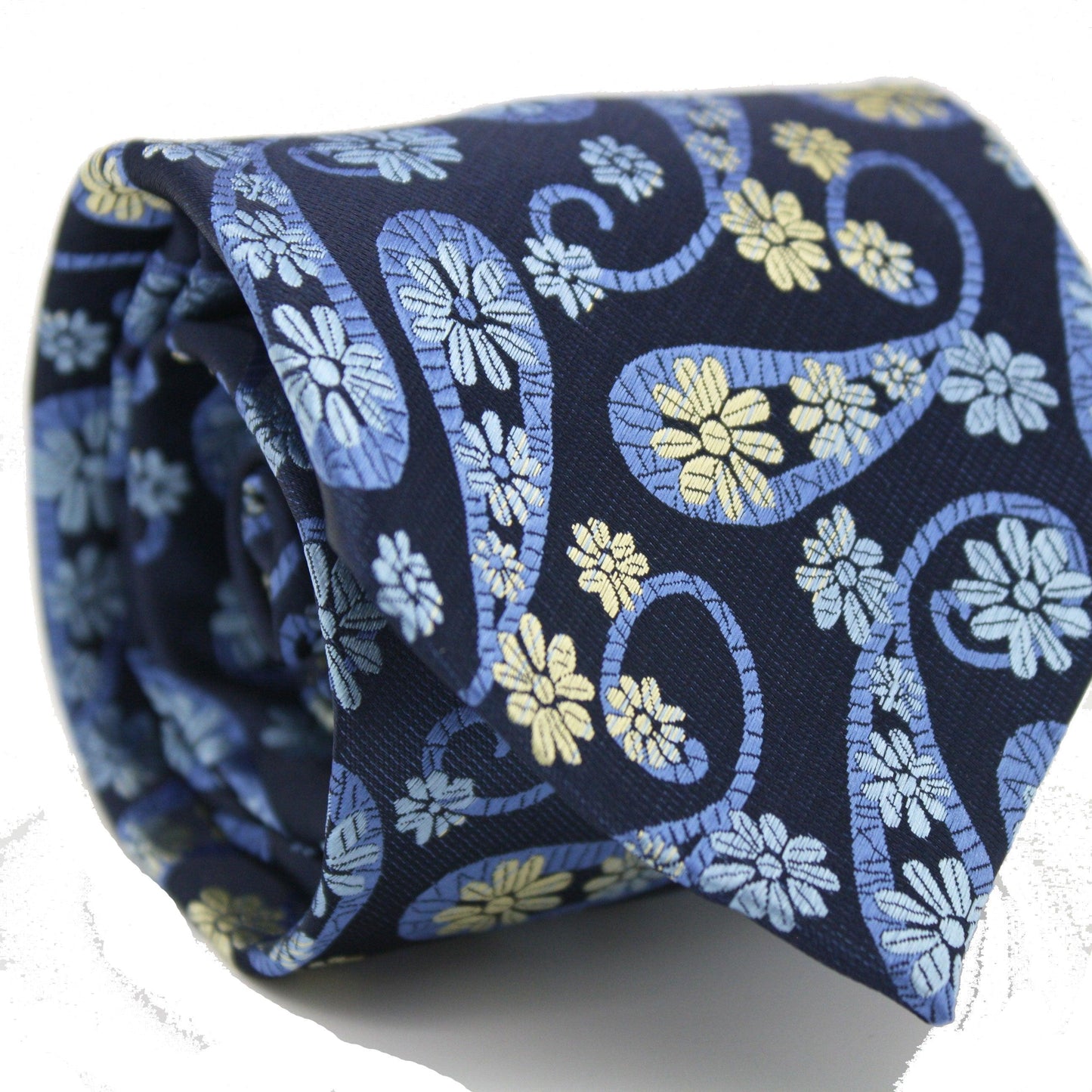 Mens Dads Classic Navy Floral Pattern Business Casual Necktie & Hanky Set DF-5 - Ferrecci USA 