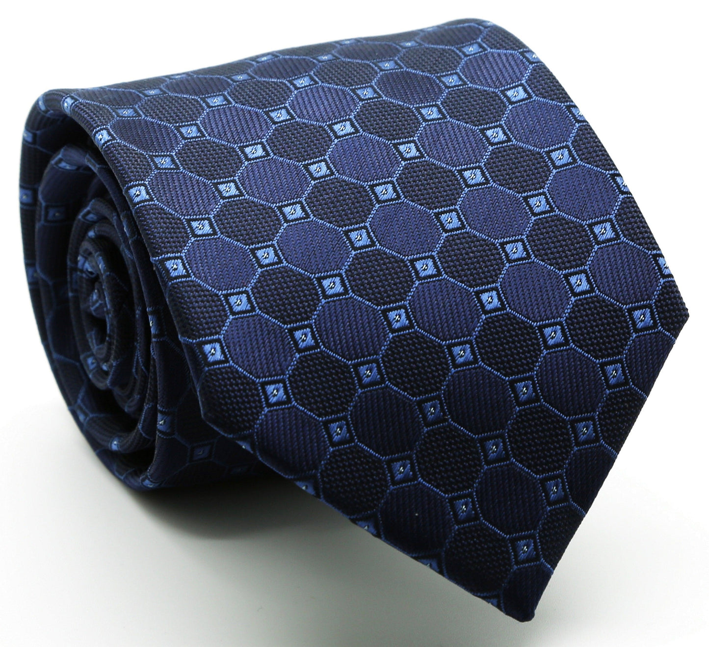 Mens Dads Classic Navy Geometric Pattern Business Casual Necktie & Hanky Set W-7 - Ferrecci USA 