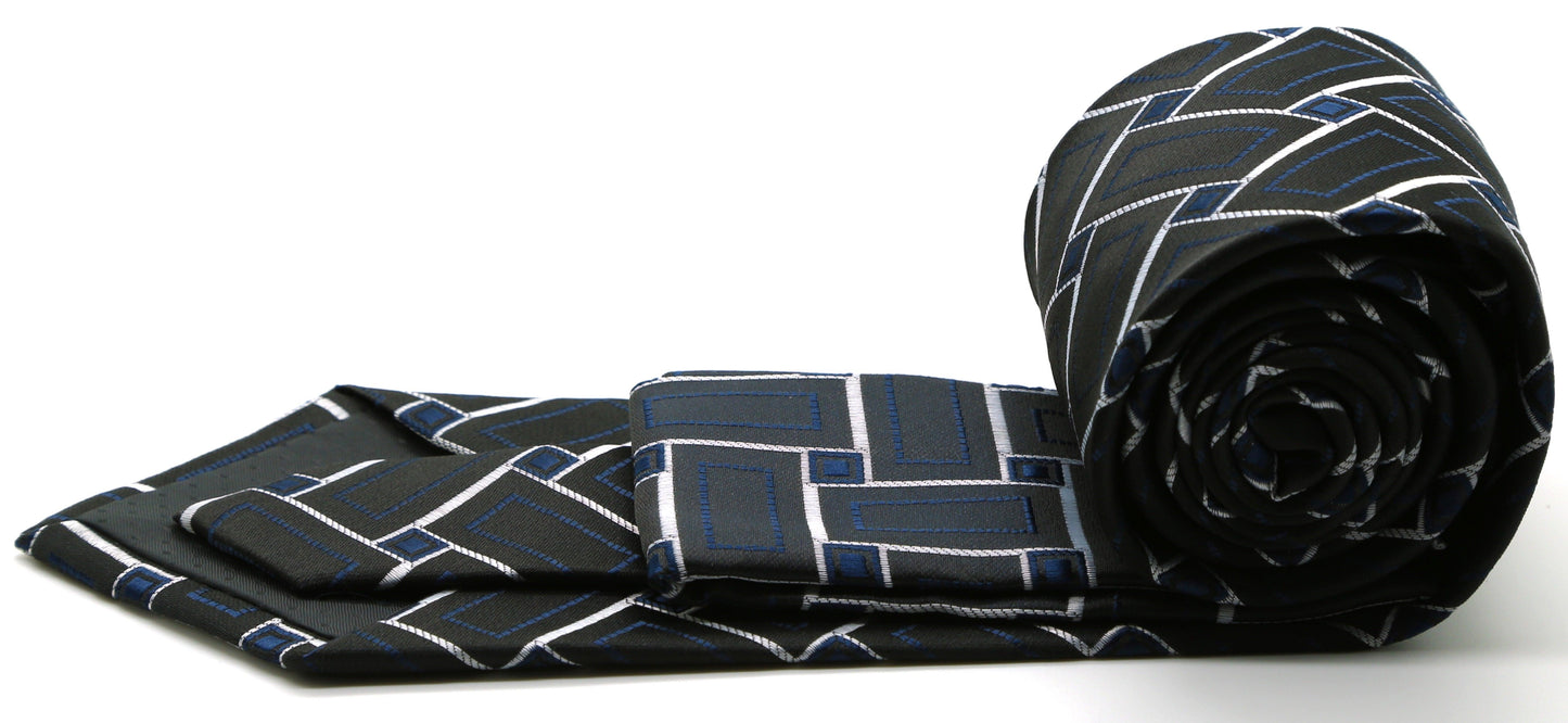 Mens Dads Classic Navy Geometric Pattern Business Casual Necktie & Hanky Set Z-11 - Ferrecci USA 