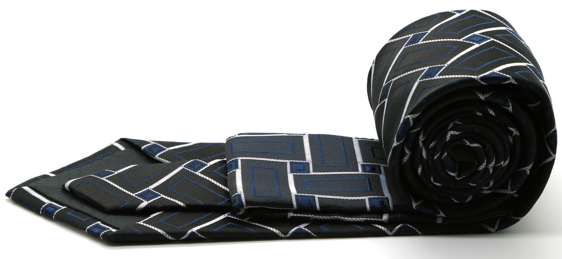 Mens Dads Classic Navy Geometric Pattern Business Casual Necktie & Hanky Set Z-11 - Ferrecci USA 